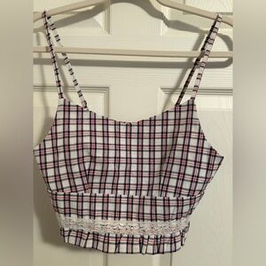POL Plaid Crop Top with Lace Trim